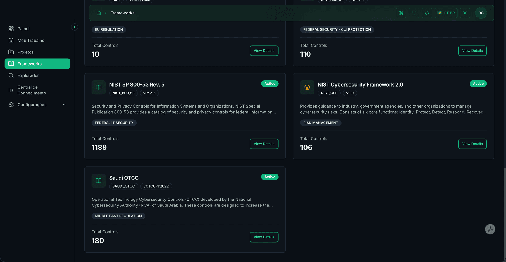Framework library showing NIST SP 800-53, NIST CSF, Saudi OTCC, and NIS2
