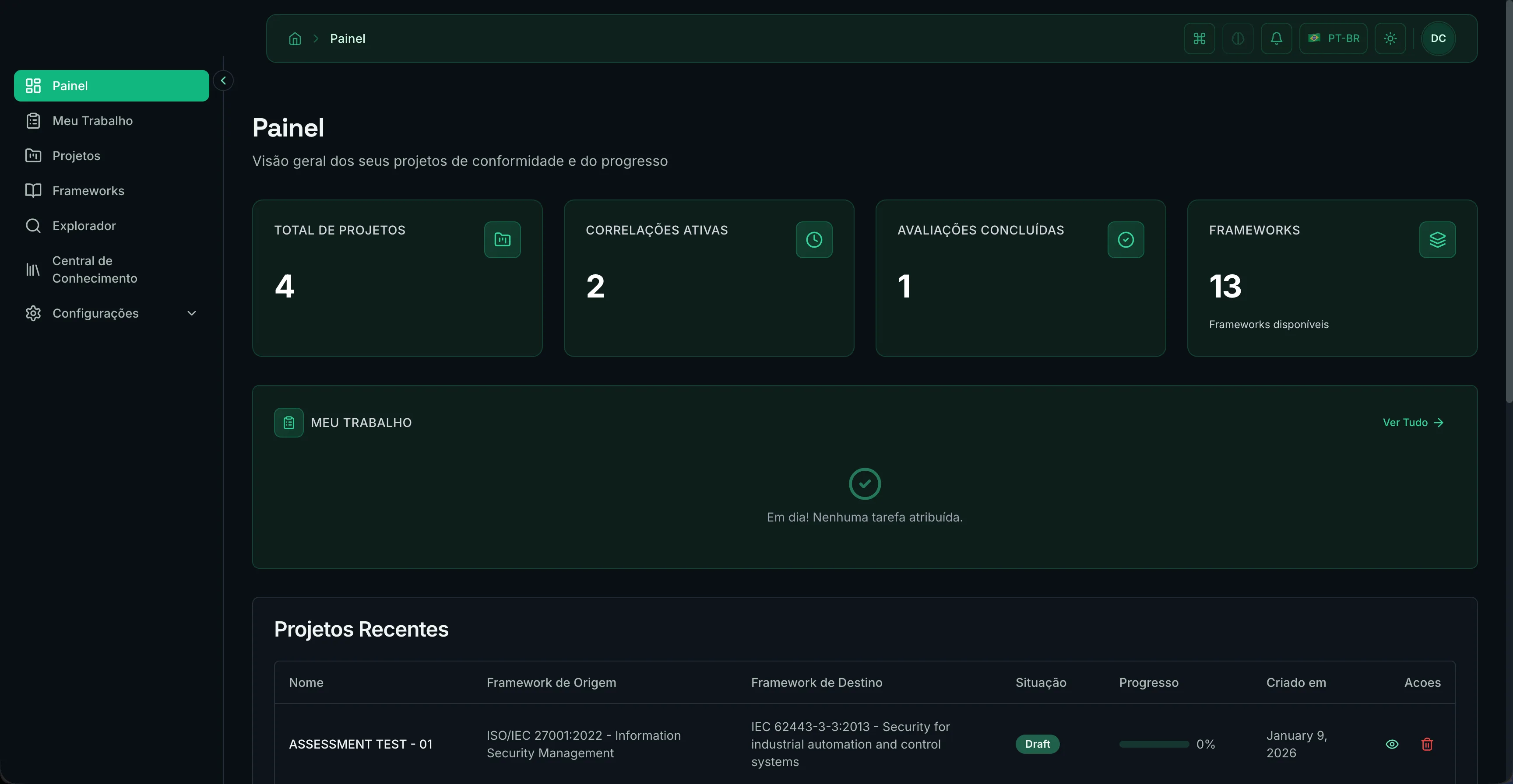 FrameworkMapper dashboard showing projects, active correlations, and framework count