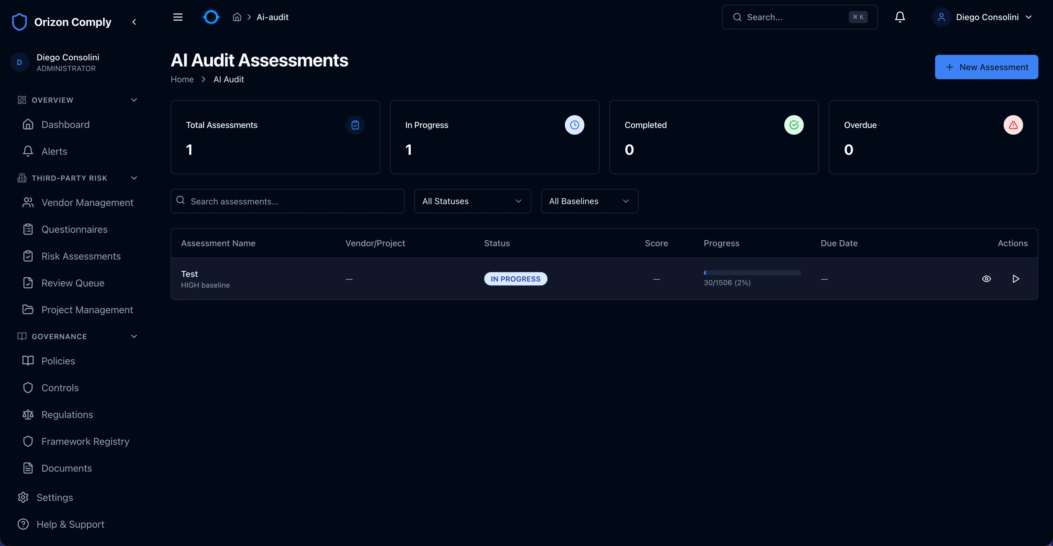 AI Audit Assessments view showing assessment progress, baselines, and status