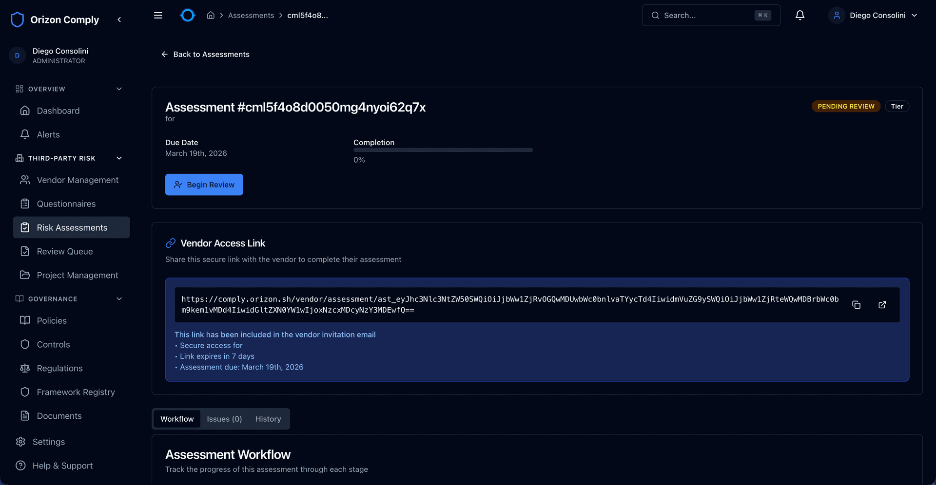 Vendor assessment with secure cryptographic access link