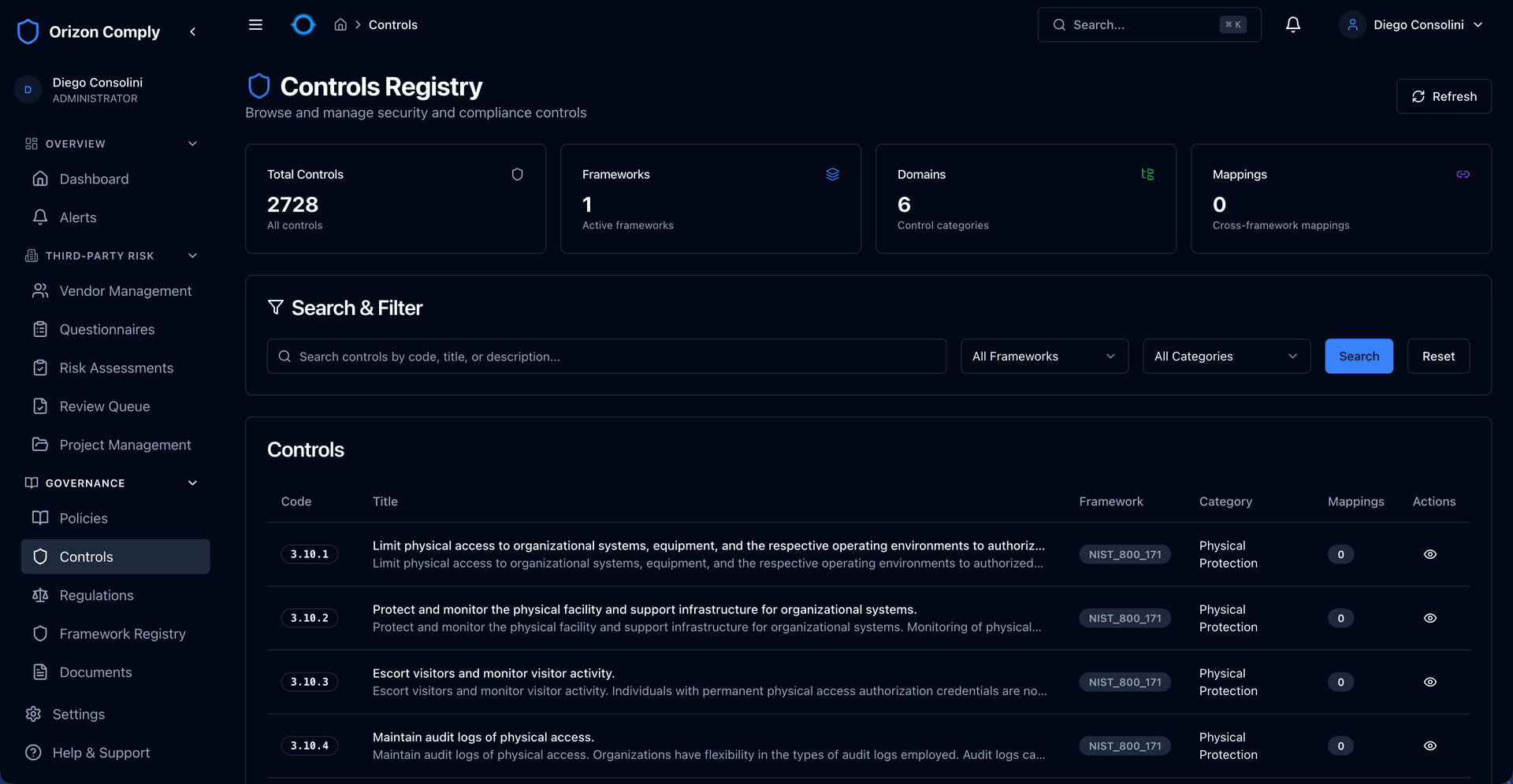 Controls Registry with framework filtering and domain categorisation