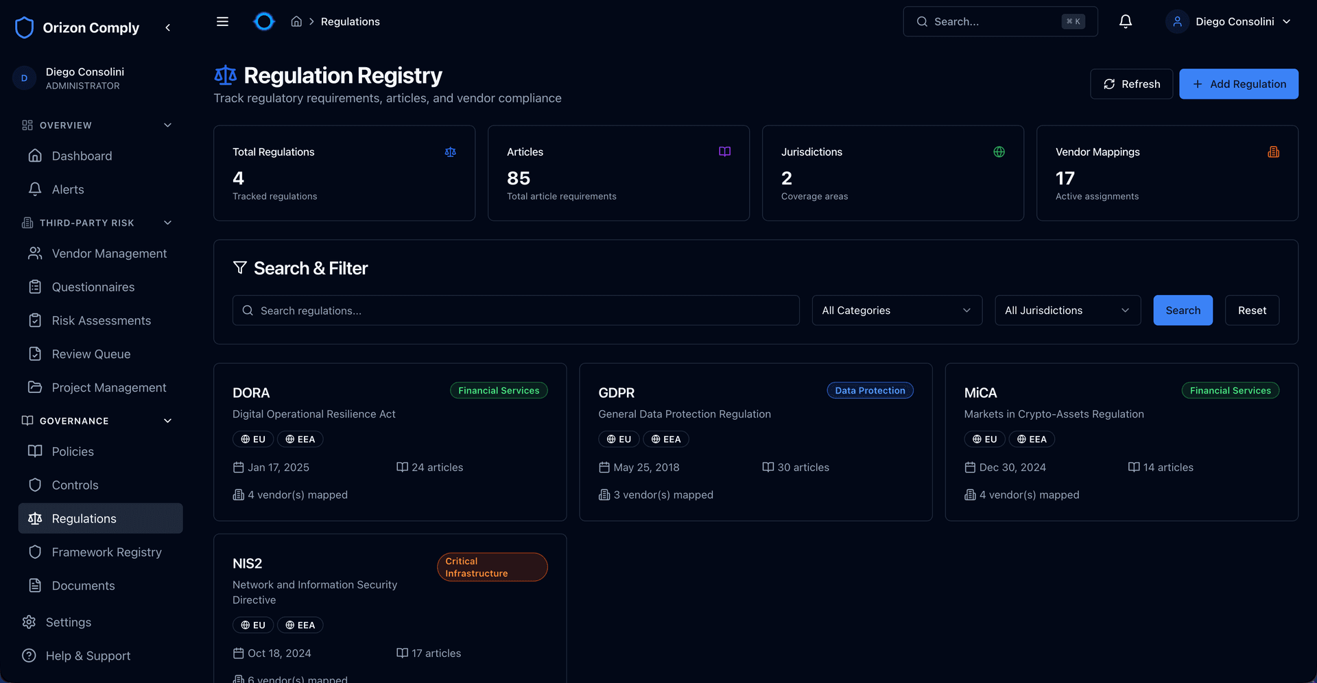 Regulation Registry showing DORA, GDPR, MiCA, and NIS2 with article counts and vendor mappings