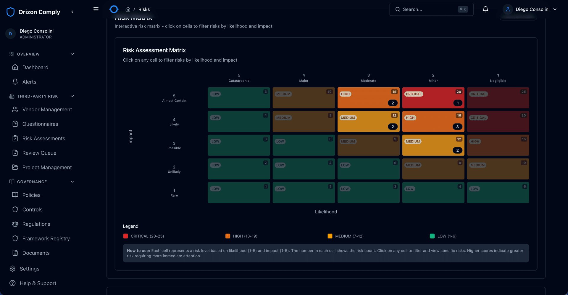 Interactive 5x5 risk assessment matrix with color-coded cells