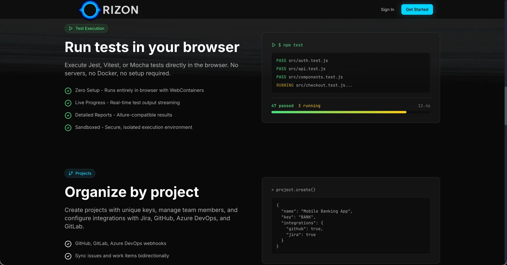 Browser-based test execution with real-time output