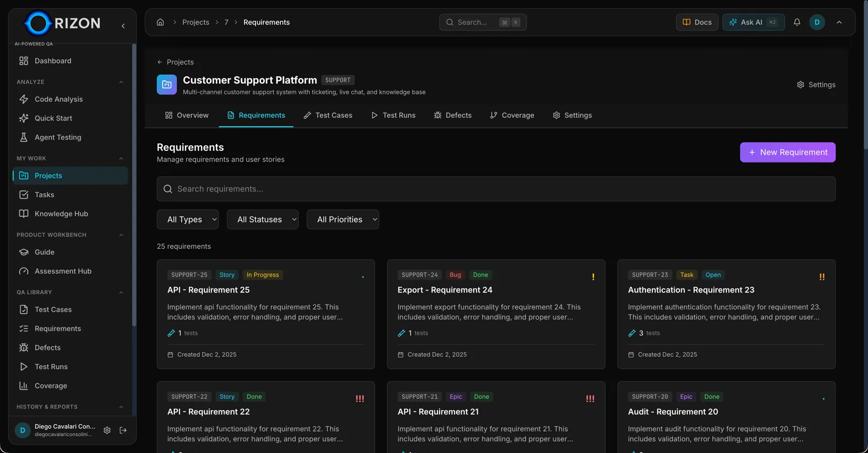 Requirements management with card view